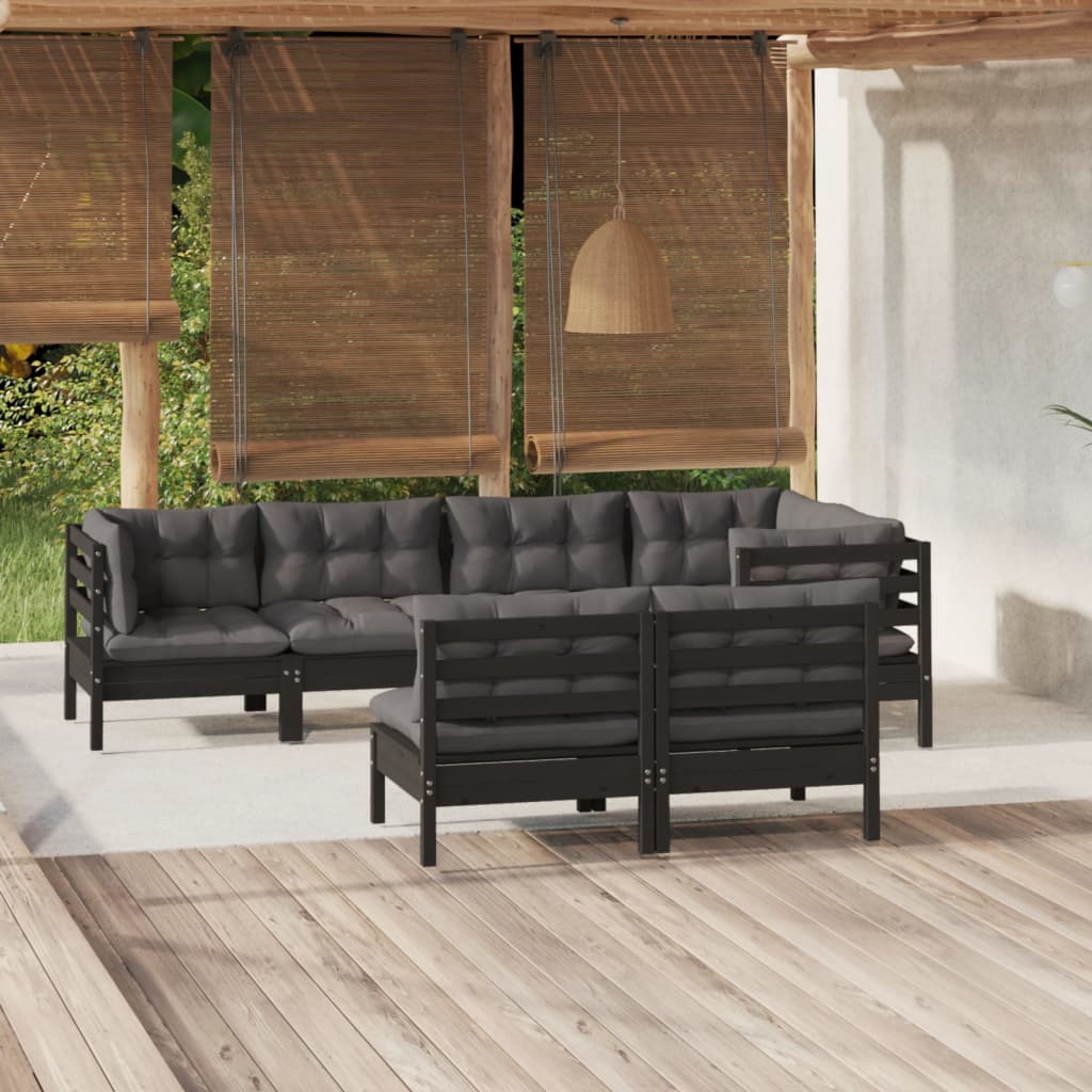 vidaXL 7-tlg. Garten-Lounge-Set mit Kissen Schwarz Kiefer Massivholz