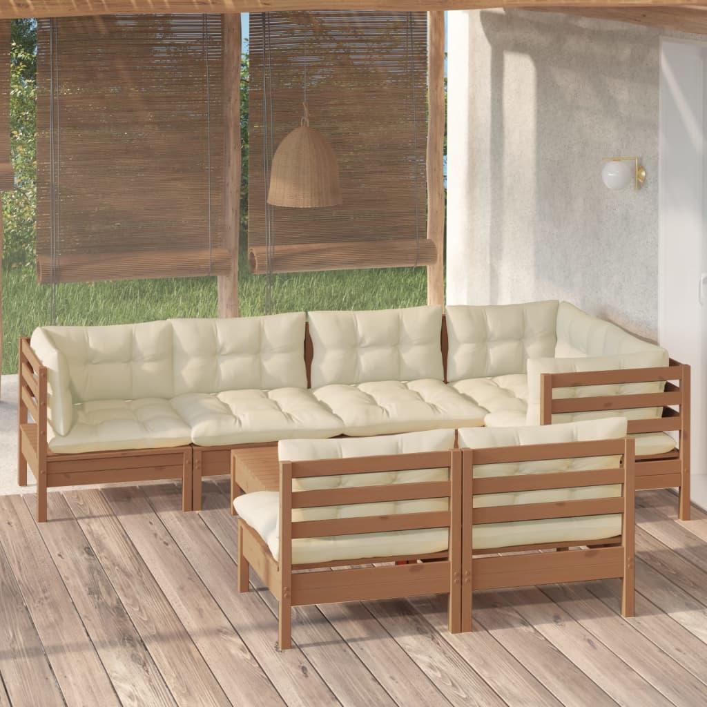 Salon de jardin 8 pcs avec coussins Marron miel Bois de pin