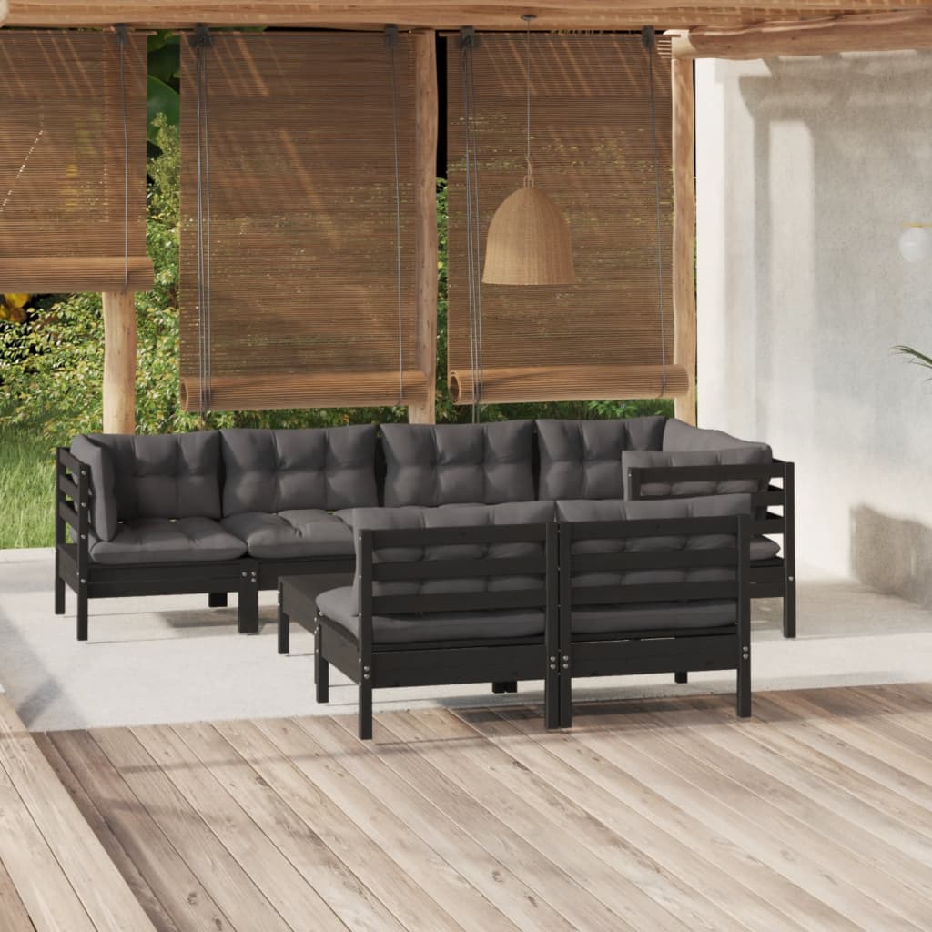 vida XL 8-tlg. Garten-Lounge-Set mit Kissen Schwarz Massivholz Kiefer