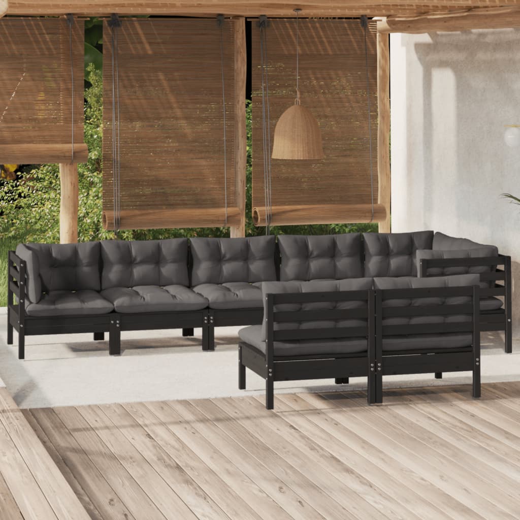 8-tlg. Garten-Lounge-Set mit Kissen Schwarz Massivholz Kiefer