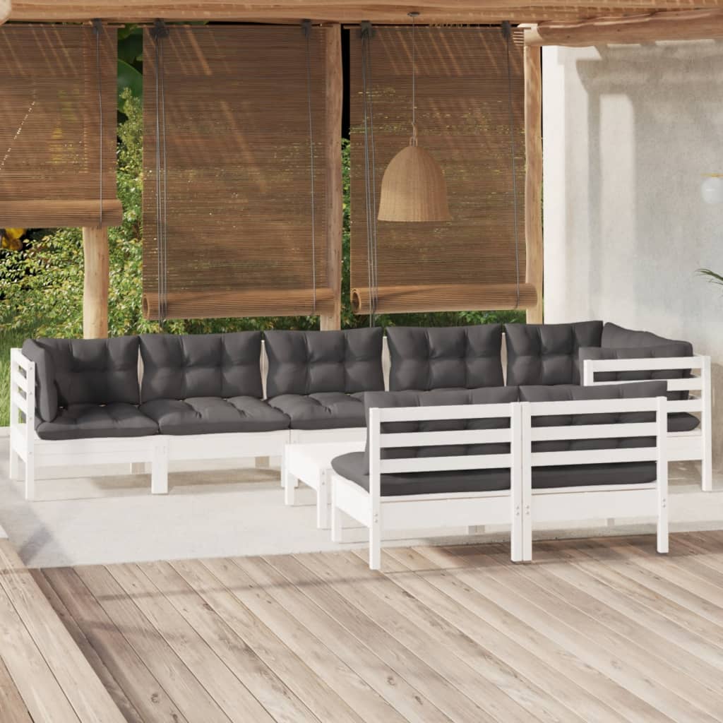 vidaXL Salon de jardin 9 pcs avec coussins Blanc Bois de pin massif