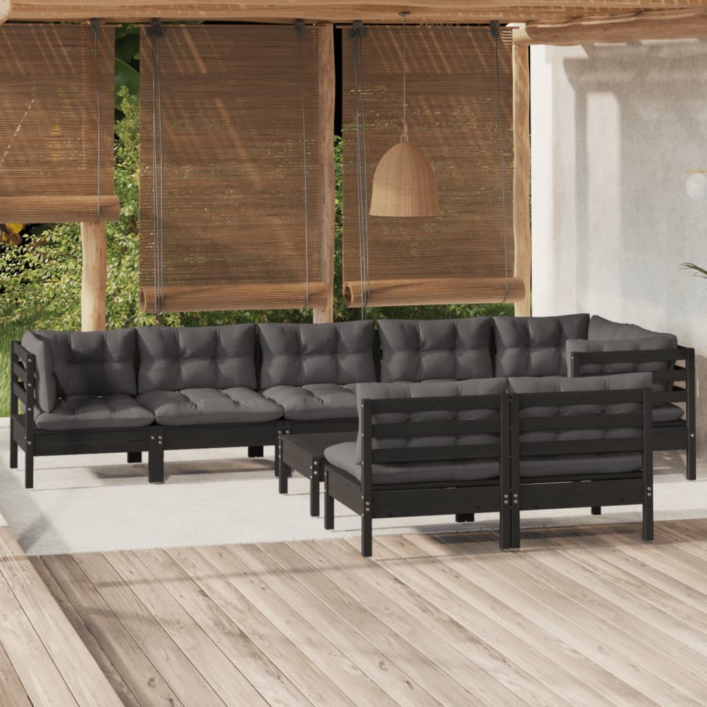 9-tlg. Garten-Lounge-Set mit Kissen Schwarz Massivholz Kiefer