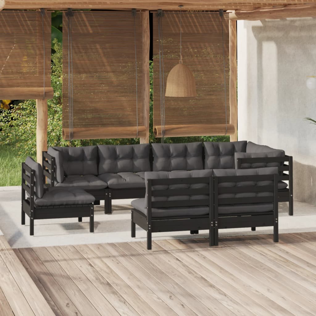 vidaXL 8-tlg. Garten-Lounge-Set mit Kissen Schwarz Massivholz Kiefer