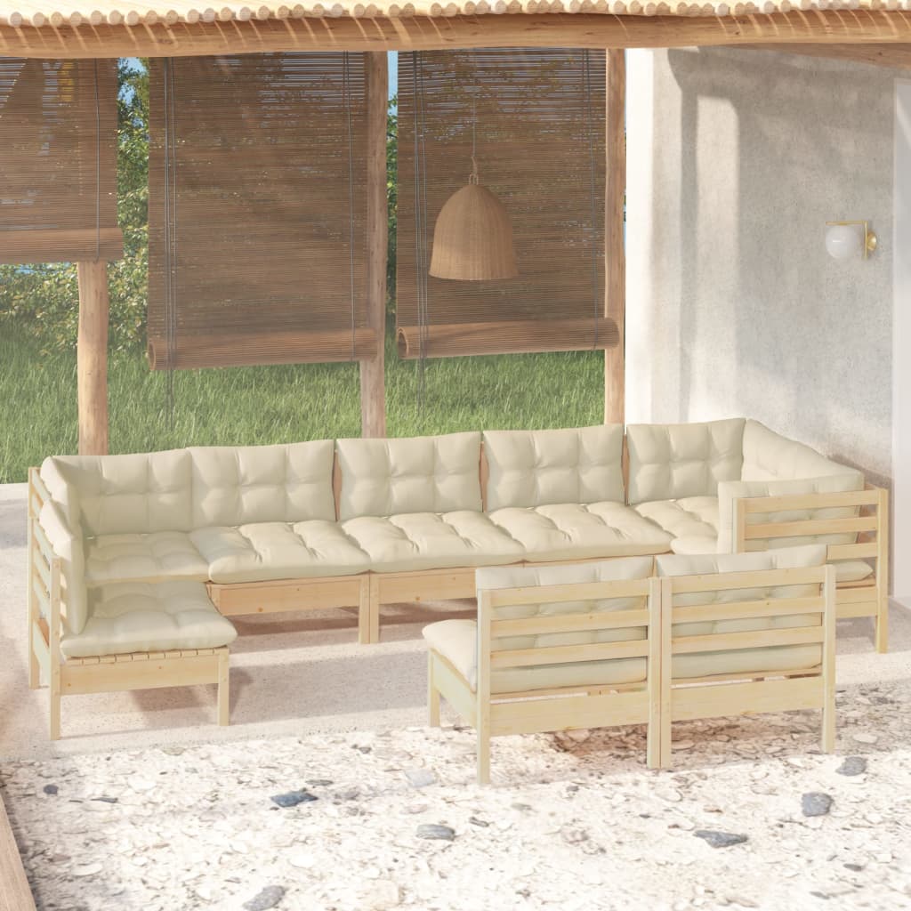 9-tlg. Garten-Lounge-Set mit Creme Kissen Massivholz Kiefer