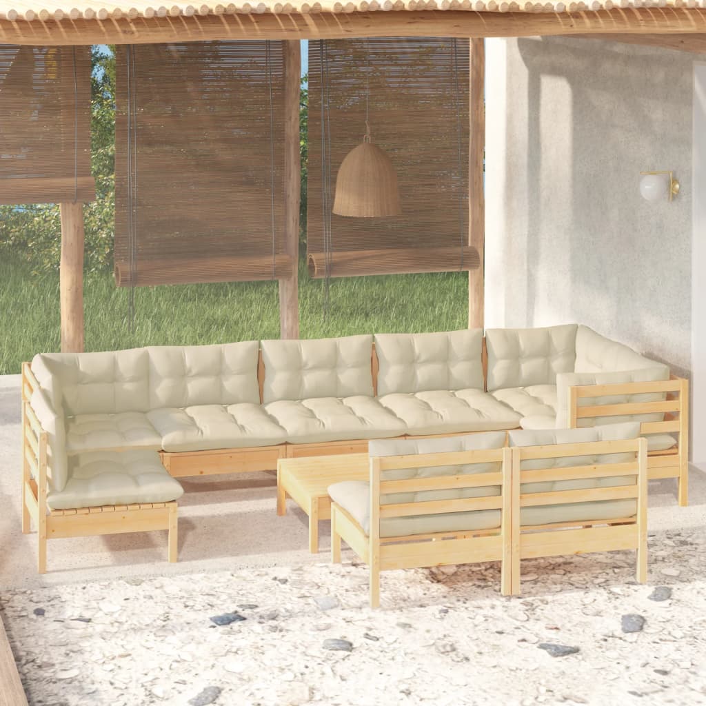 vidaXL 10-tlg. Garten-Lounge-Set mit Creme Kissen Massivholz Kiefer