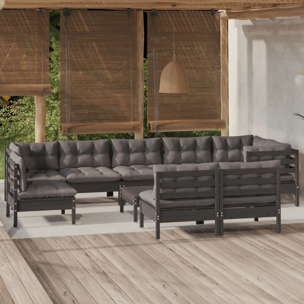 vidaXL 10-tlg. Garten-Lounge-Set mit Kissen Schwarz Massivholz Kiefer