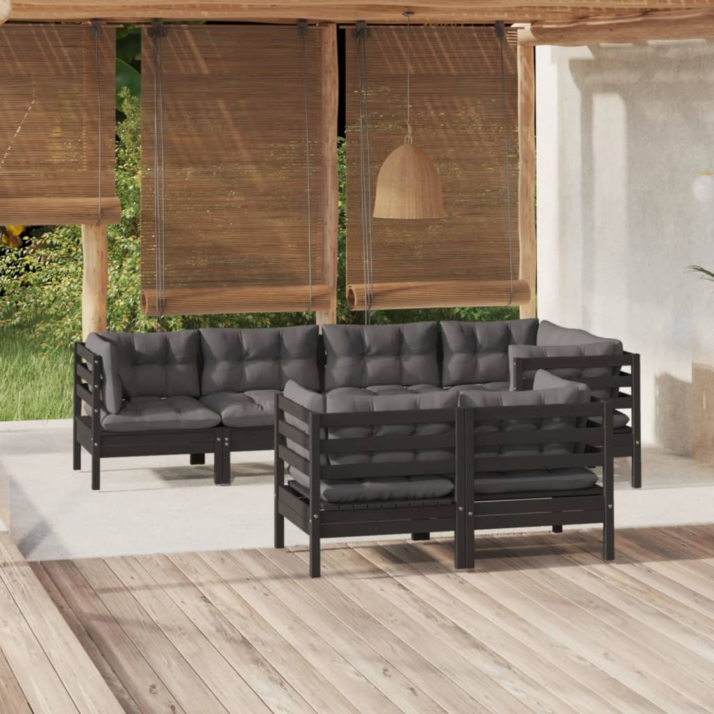 vidaXL 7-tlg. Garten-Lounge-Set mit Kissen Schwarz Massivholz Kiefer