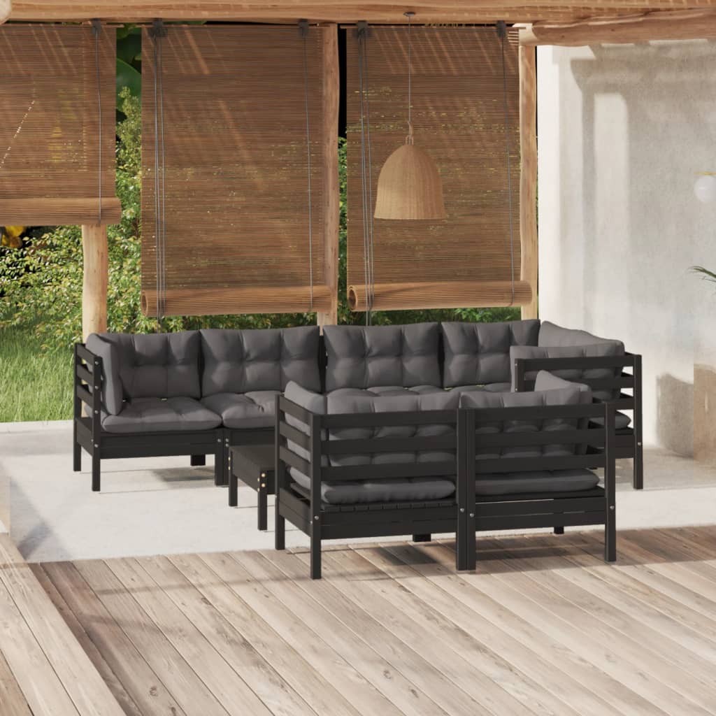 vidaXL 8-tlg. Garten-Lounge-Set mit Kissen Schwarz Massivholz Kiefer