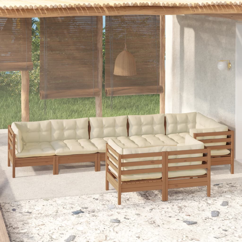 Salon de jardin 8 pcs avec coussins Marron miel Bois de pin