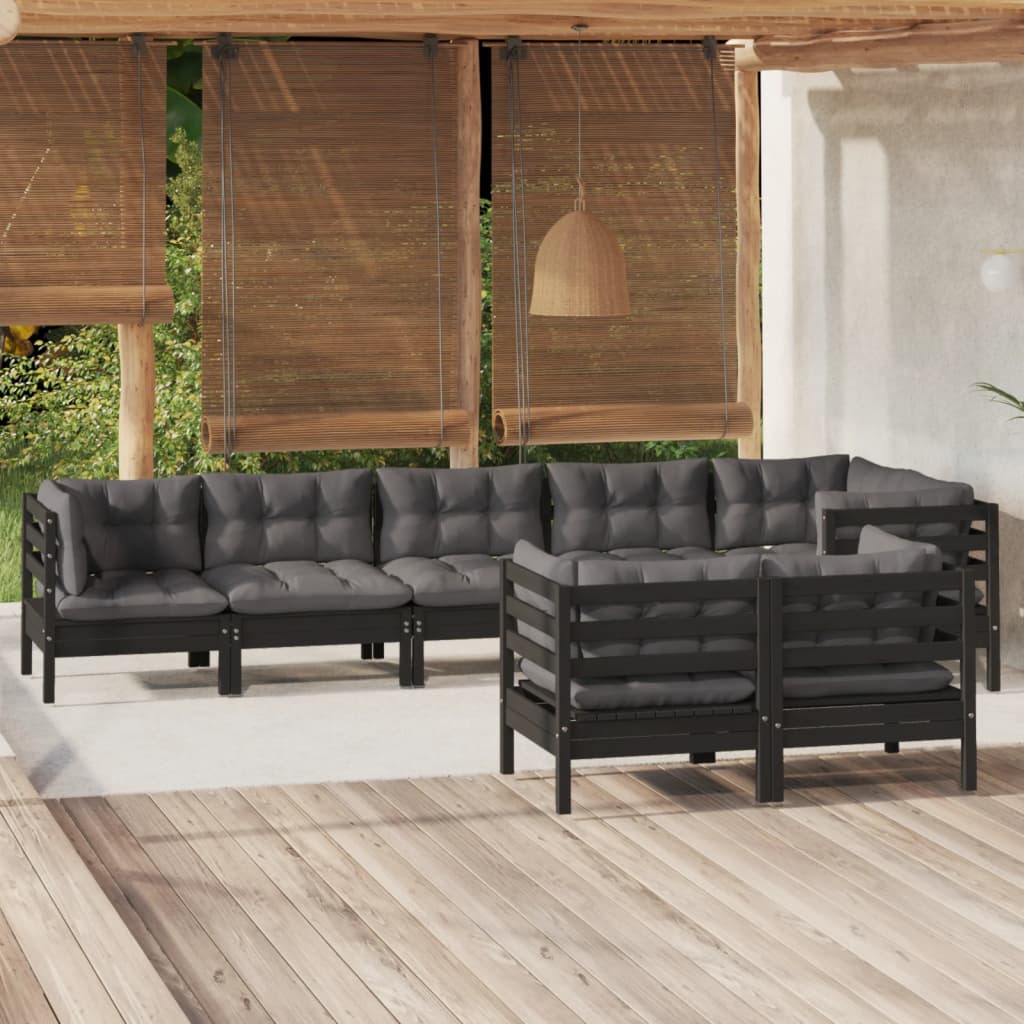 vidaXL 8-tlg. Garten-Lounge-Set mit Kissen Schwarz Massivholz Kiefer