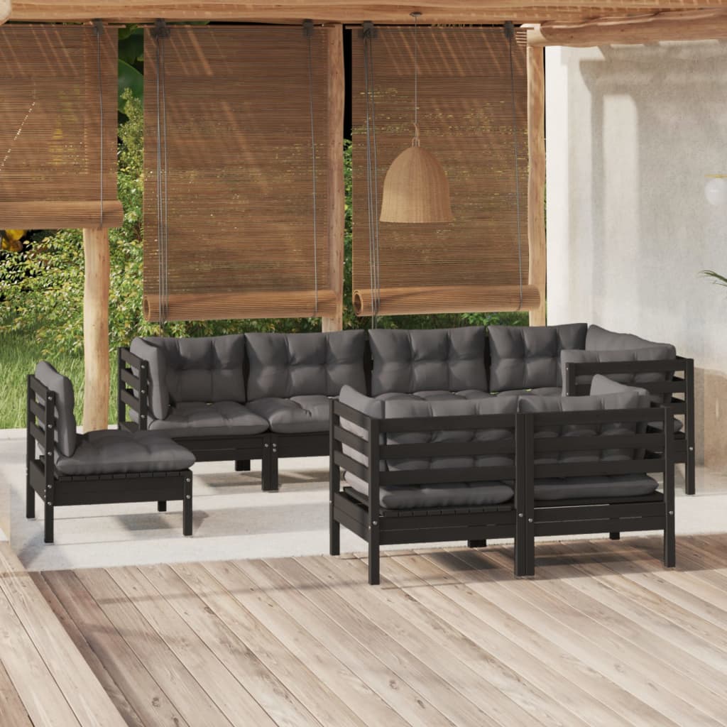 vidaXL 8-tlg. Garten-Lounge-Set mit Kissen Schwarz Massivholz Kiefer