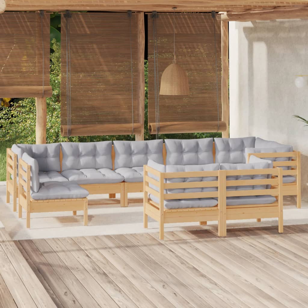 vidaXL 9-tlg. Garten-Lounge-Set mit Grauen Kissen Kiefer Massivholz