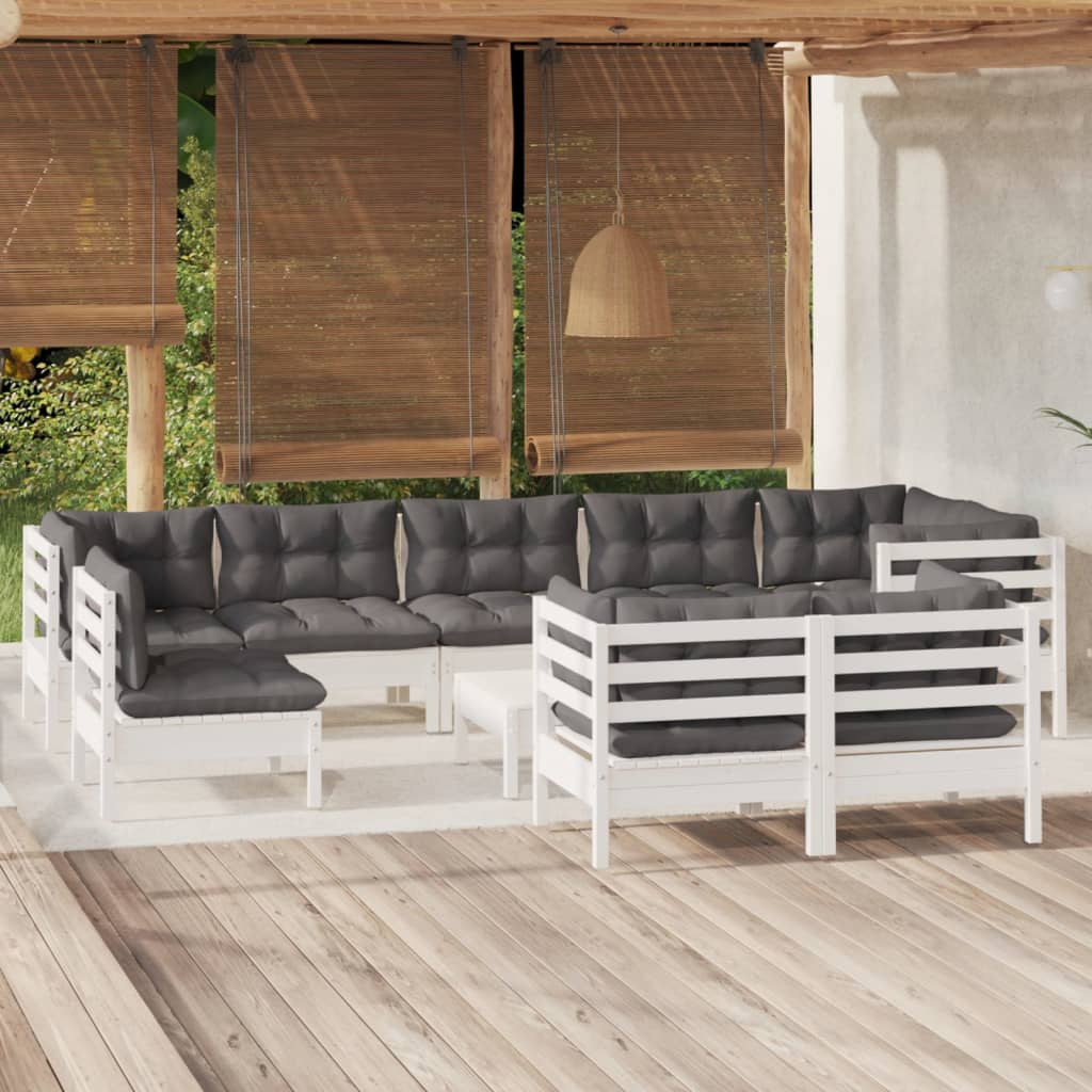 vidaXL Set mobilier grădină cu perne, 10 piese, alb, lemn masiv pin alb