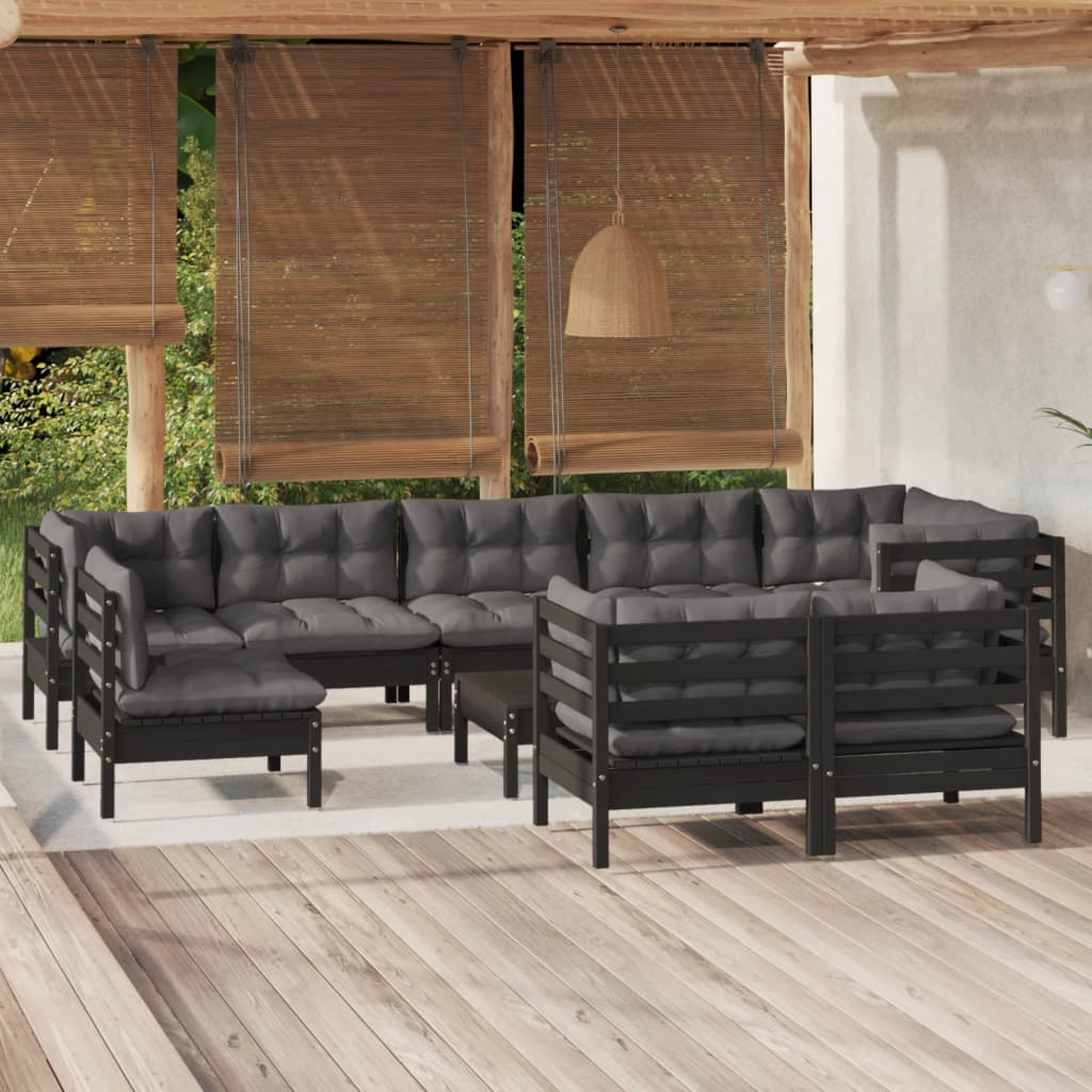 vidaXL 10-tlg. Garten-Lounge-Set mit Kissen Schwarz Massivholz Kiefer