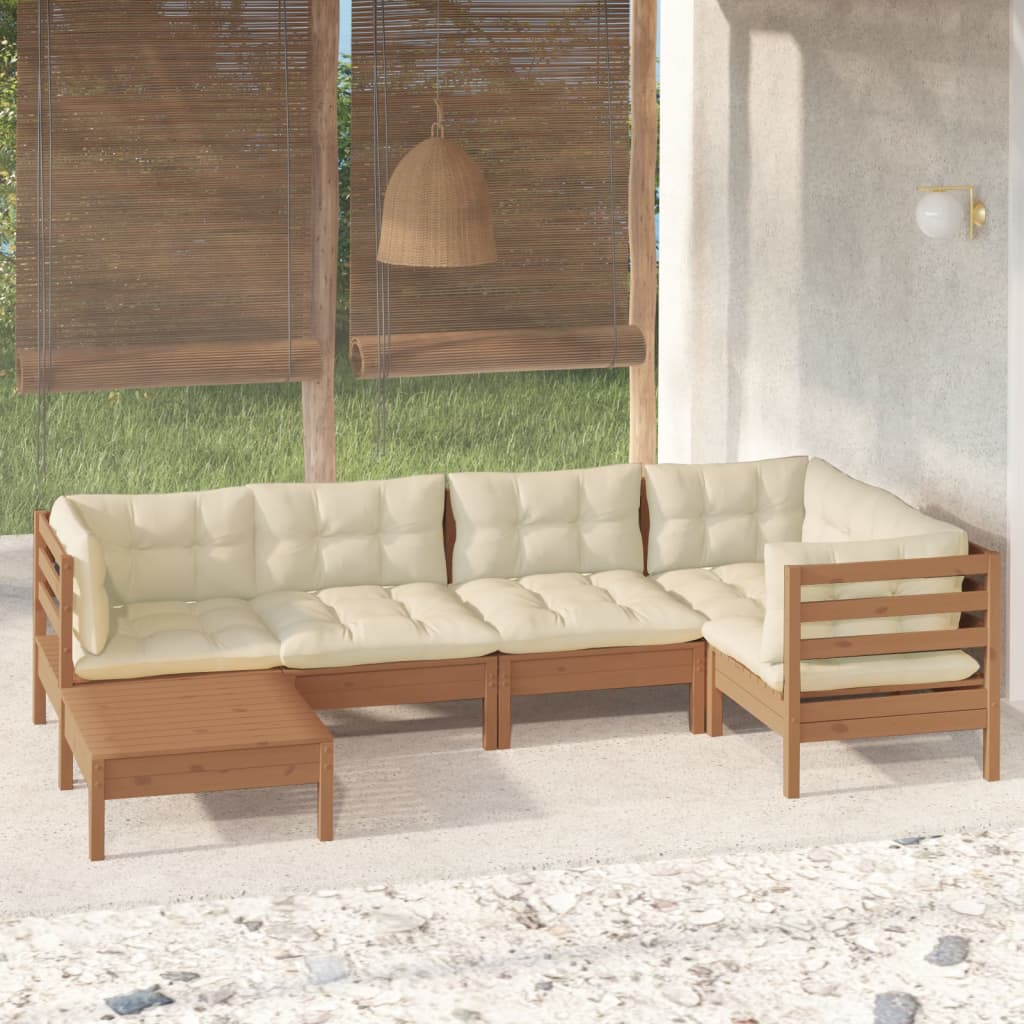 Salon de jardin 6 pcs avec coussins Marron miel Bois de pin