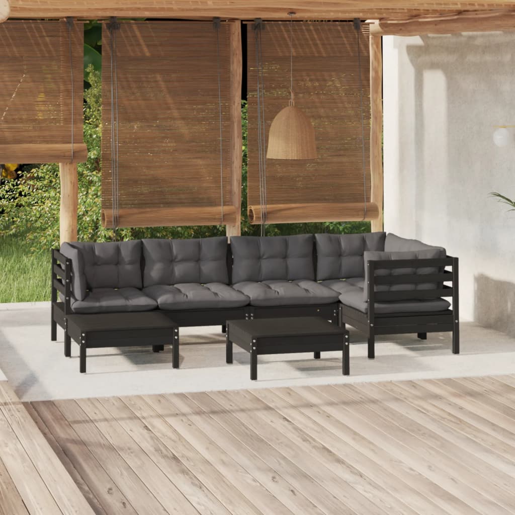 vidaXL 7-tlg. Garten-Lounge-Set mit Kissen Schwarz Kiefer Massivholz