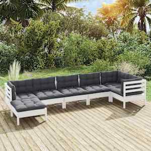 Vrtna sedežna garnitura 7-delna z blazinami bela trdna borovina