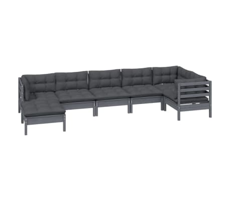 vidaXL 7-tlg. Garten-Lounge-Set mit Kissen Grau Kiefer Massivholz