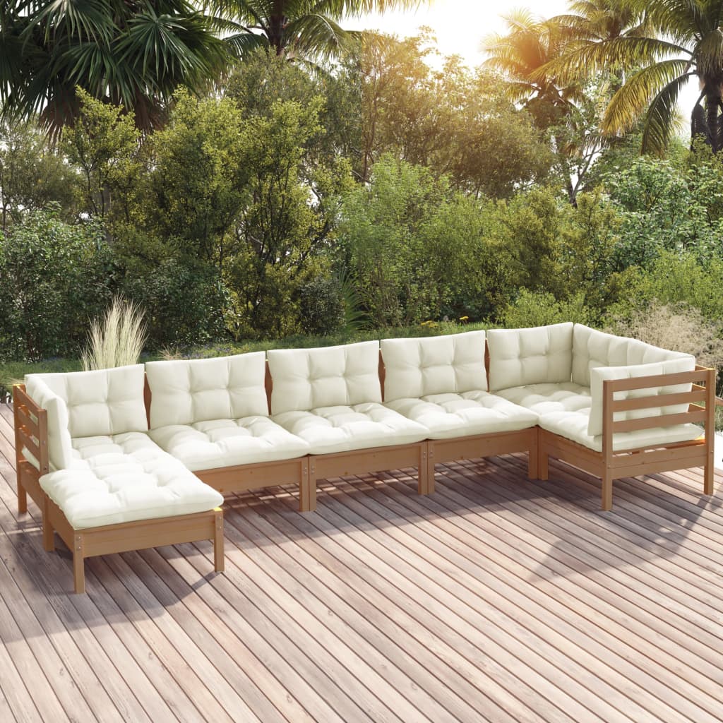 Salon de jardin 7 pcs avec coussins Marron miel Bois de pin