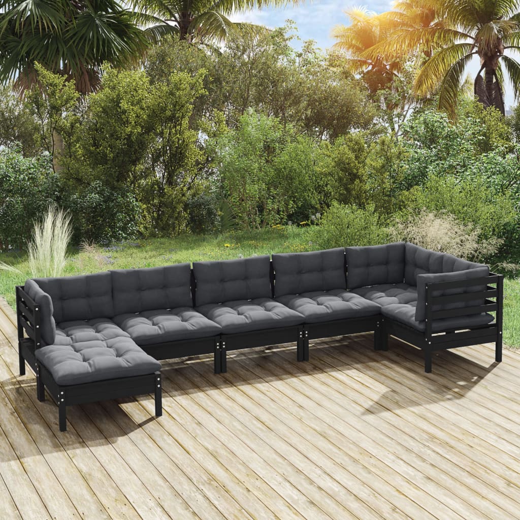 vidaXL 7-tlg. Garten-Lounge-Set mit Kissen Schwarz Massivholz Kiefer