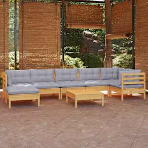 Vrtna sedežna garnitura 8-delna s sivimi blazinami borovina