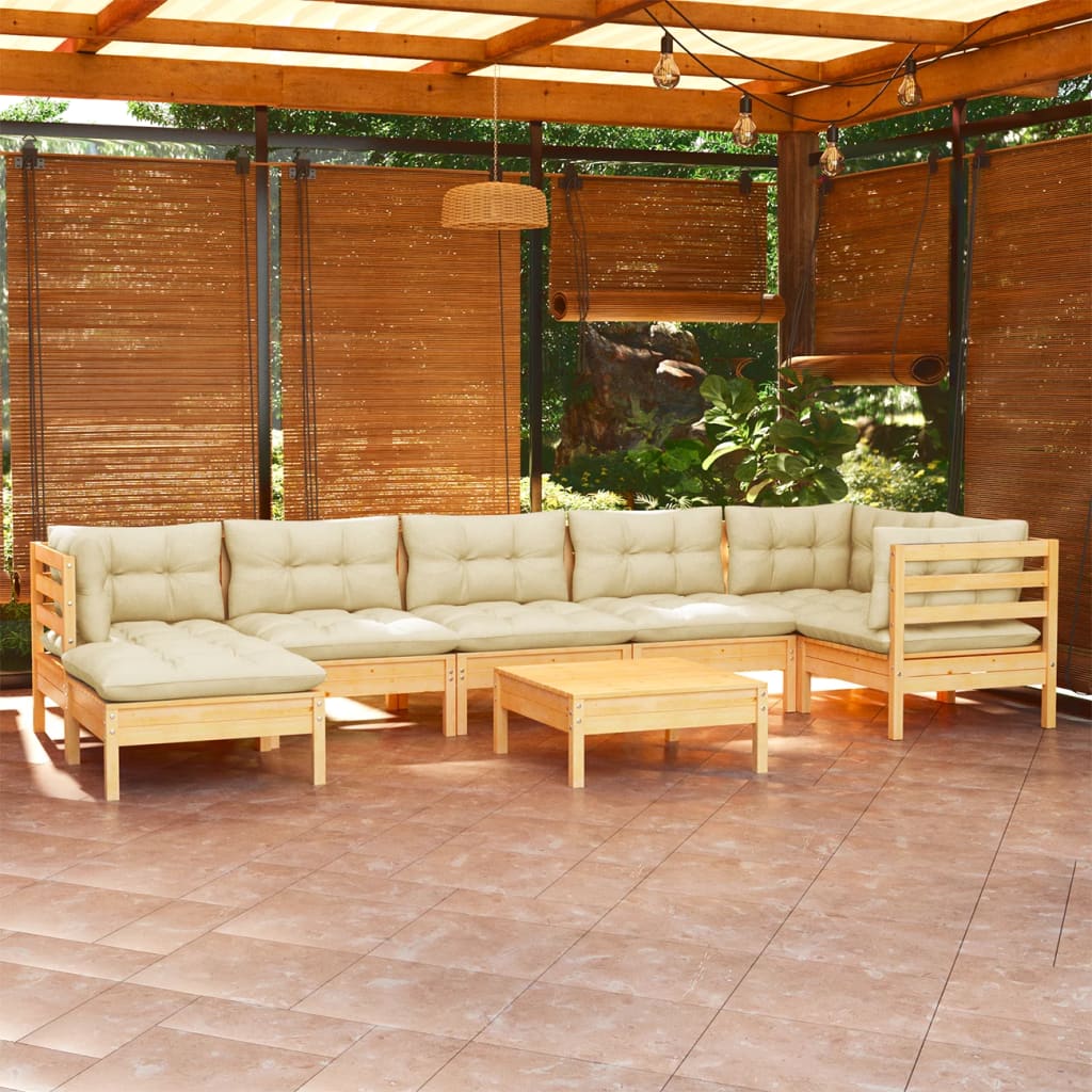Zestaw wypoczynkowy ogrodowy - drewno sosnowe, kremowe poduszki (75 znaków)