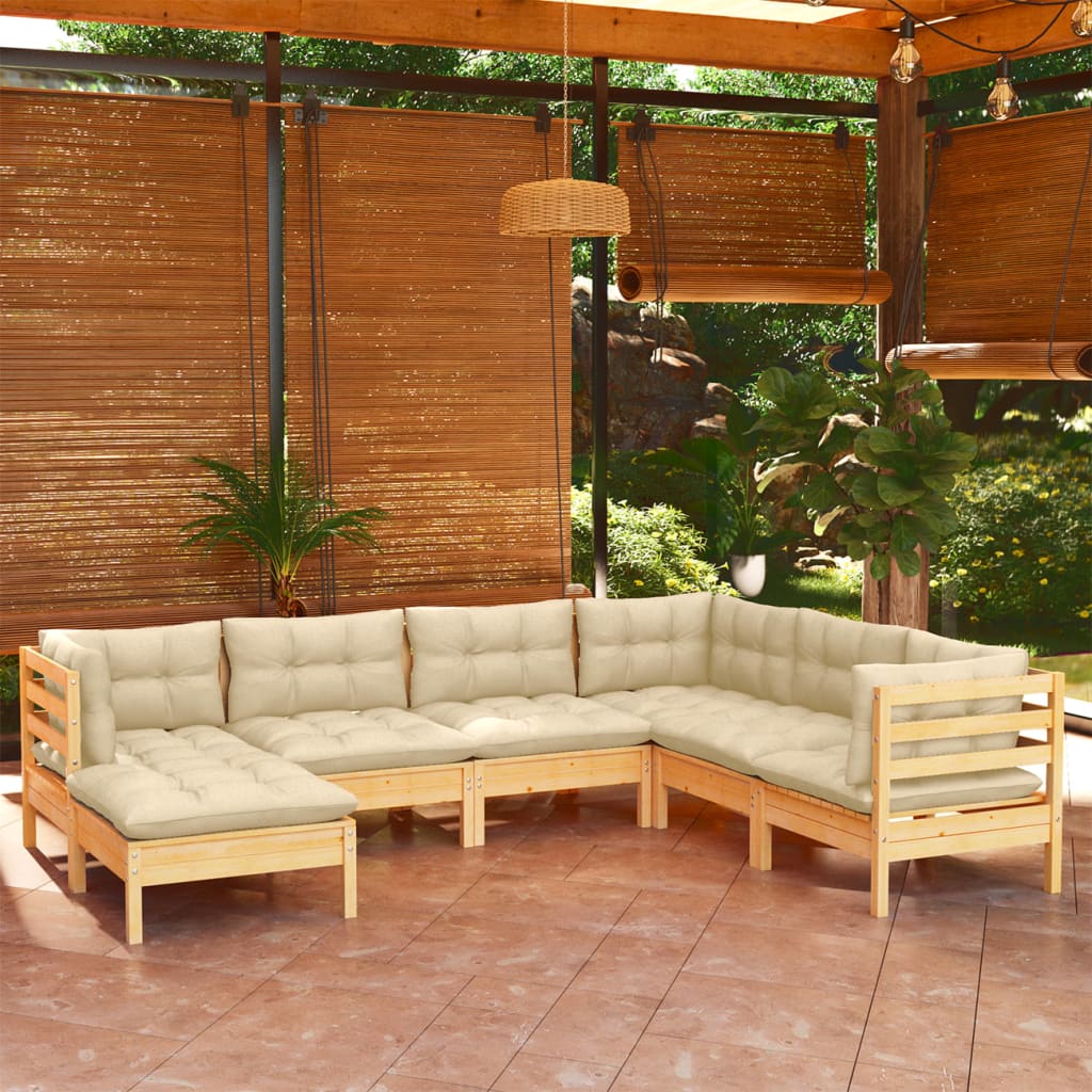 vidaXL 7-cz. zestaw wypoczynkowy do ogrodu, kremowe poduszki, sosnowy