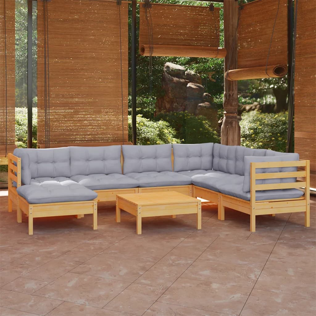 vida XL 8-tlg. Garten-Lounge-Set mit Grauen Kissen Kiefer Massivholz