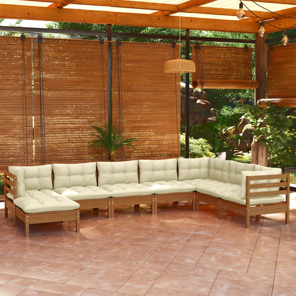 Salon de jardin 8 pcs avec coussins Marron miel Bois de pin