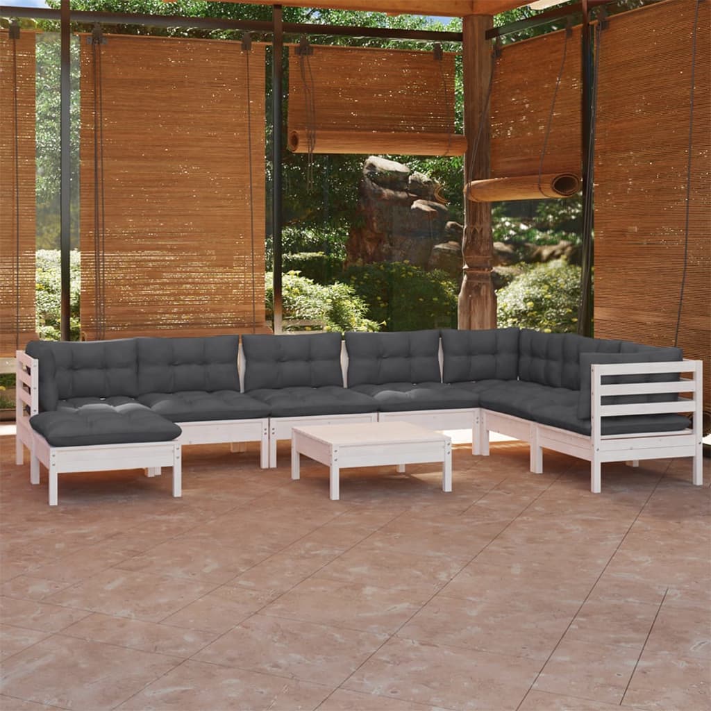 vidaXL Set mobilier de grădină cu perne, 9 piese, alb, lemn masiv pin vidaXL