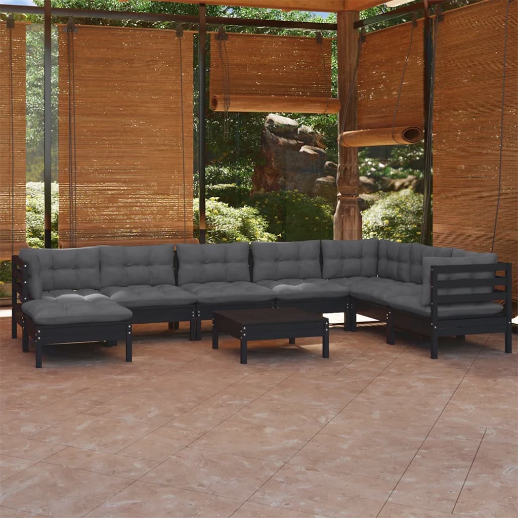 vidaXL 9-tlg. Garten-Lounge-Set mit Kissen Schwarz Kiefer Massivholz