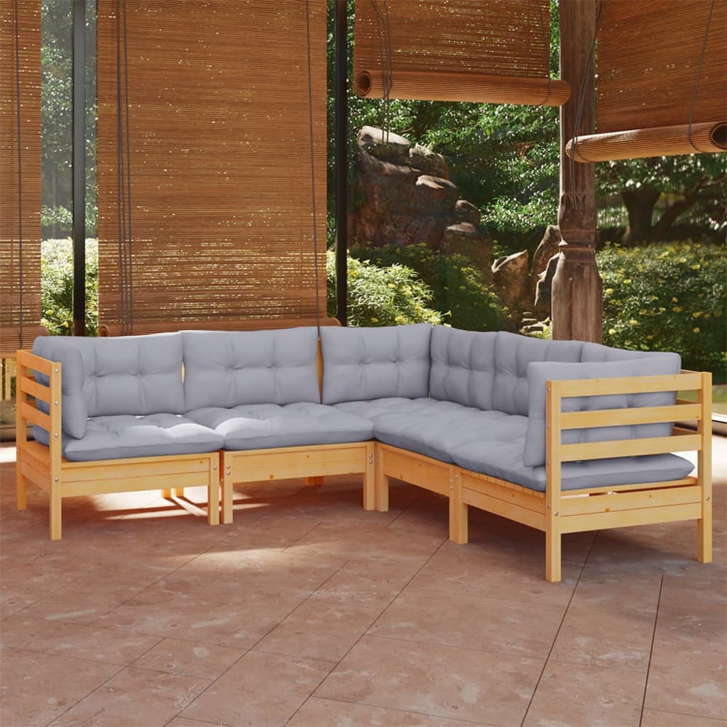 vidaXL 5-tlg. Garten-Lounge-Set mit Grauen Kissen Kiefer Massivholz