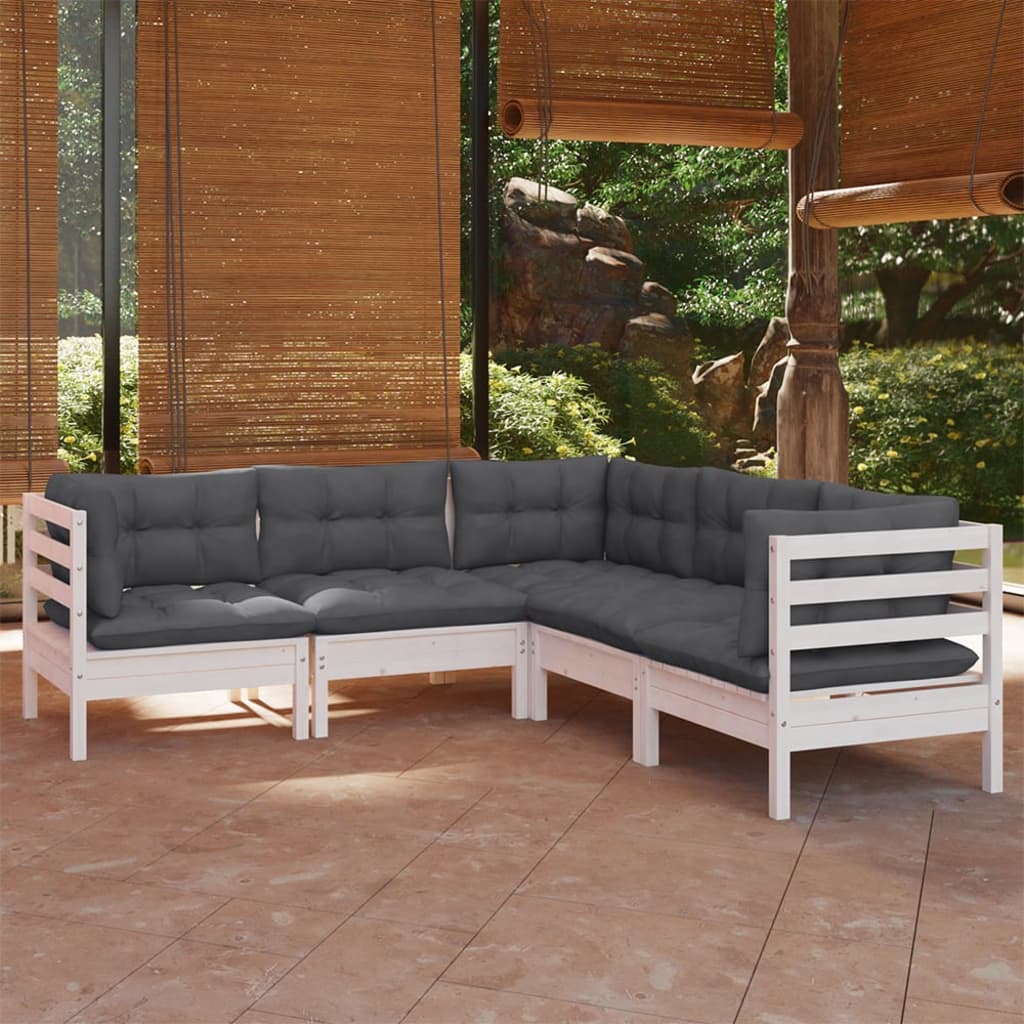 vidaXL Set mobilier de grădină cu perne, 5 piese, alb, lemn masiv pin