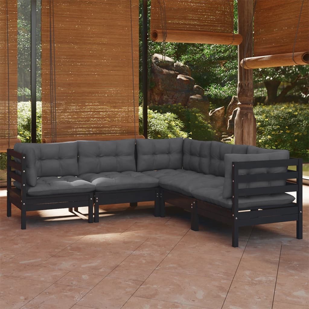 vidaXL 5-tlg. Garten-Lounge-Set mit Kissen Schwarz Kiefer Massivholz