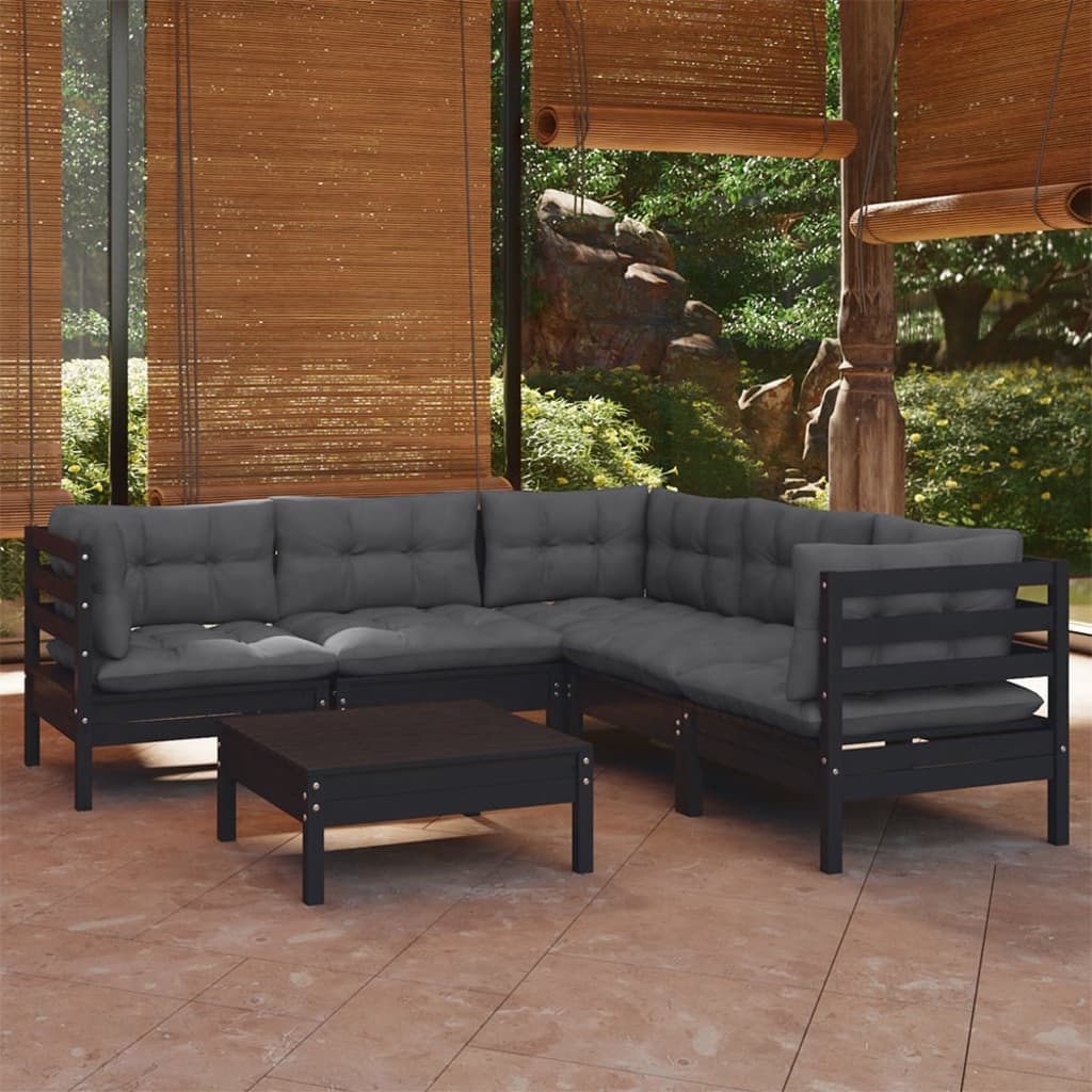 vidaXL 6-tlg. Garten-Lounge-Set mit Kissen Schwarz Massivholz Kiefer