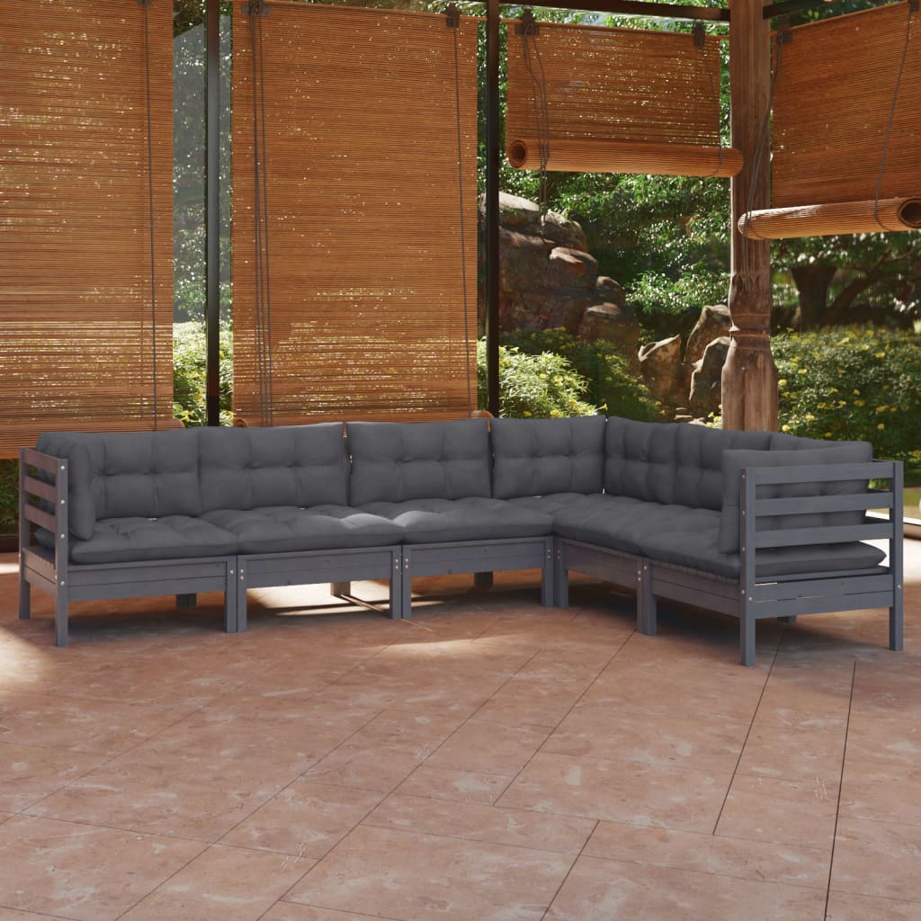 6-tlg. Garten-Lounge-Set mit Kissen Grau Kiefer Massivholz kaufen
