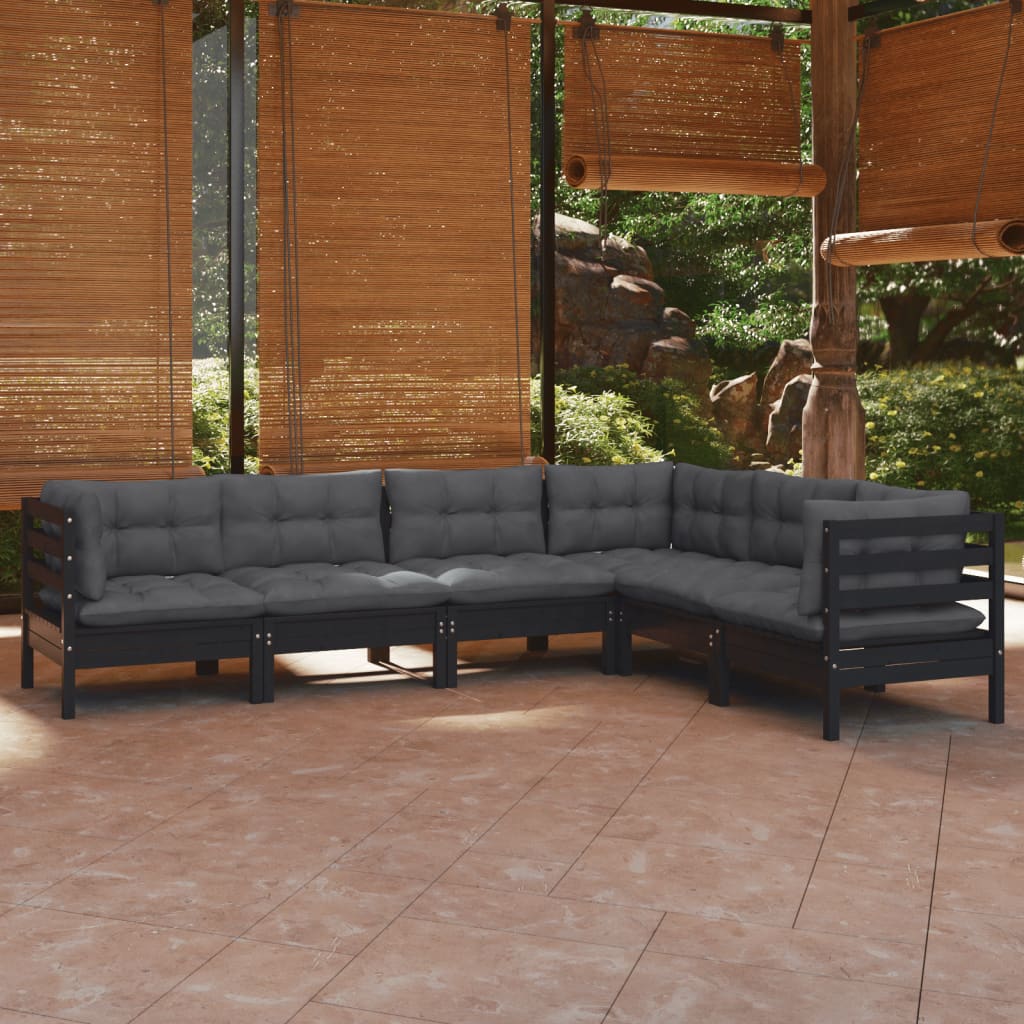 Salon de jardin 6 pcs avec coussins Noir Bois de pin solide