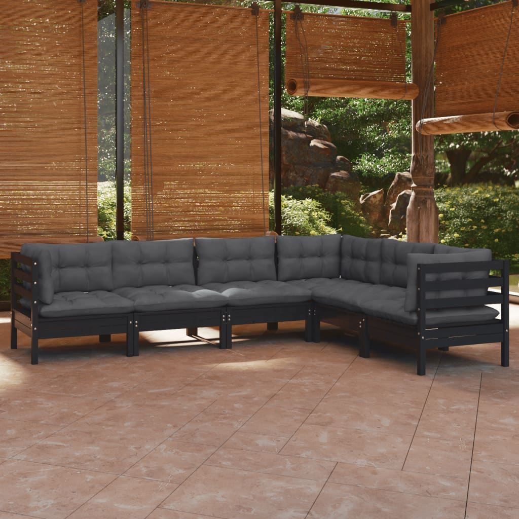 vidaXL 6-tlg. Garten-Lounge-Set mit Kissen Schwarz Massivholz Kiefer