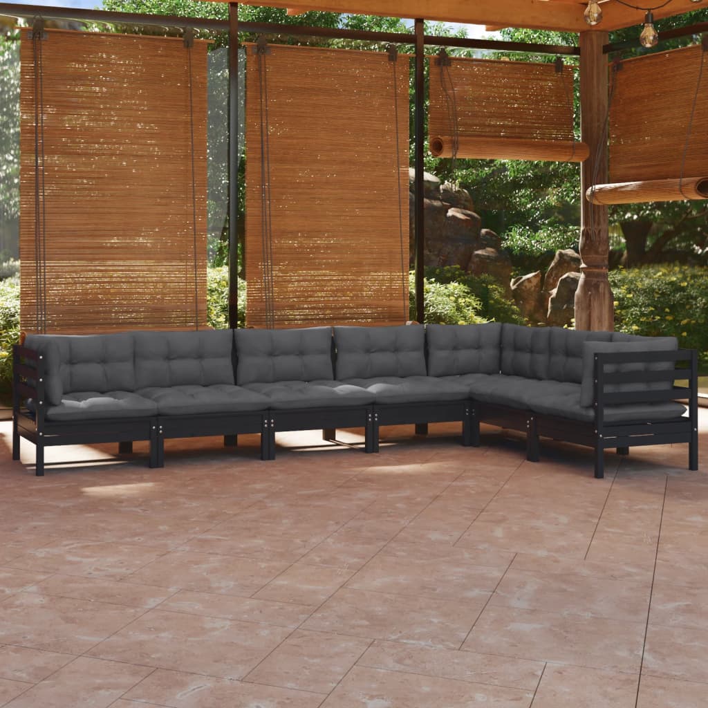 7-tlg. Garten-Lounge-Set mit Kissen Schwarz Kiefer Massivholz