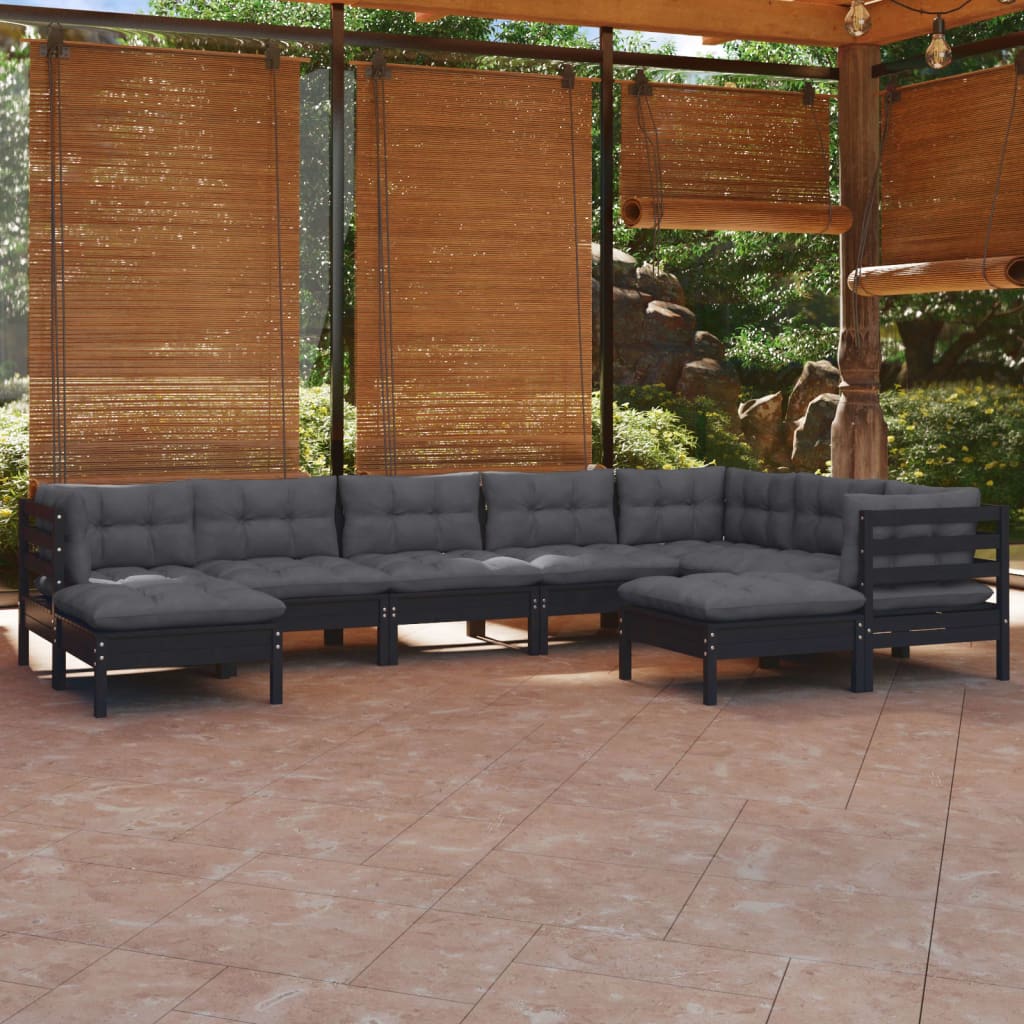 vidaXL 9-tlg. Garten-Lounge-Set mit Kissen Schwarz Kiefer Massivholz