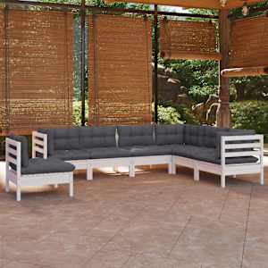 Vrtna sedežna garnitura 7-delna z blazinami bela borovina