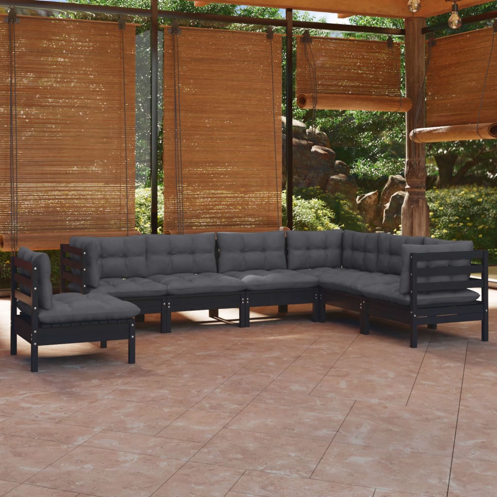vidaXL Muebles de jardín 7 pzas y cojines negro madera maciza de pino