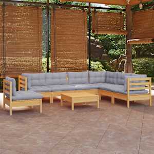 Vrtna sedežna garnitura 8-delna s sivimi blazinami borovina