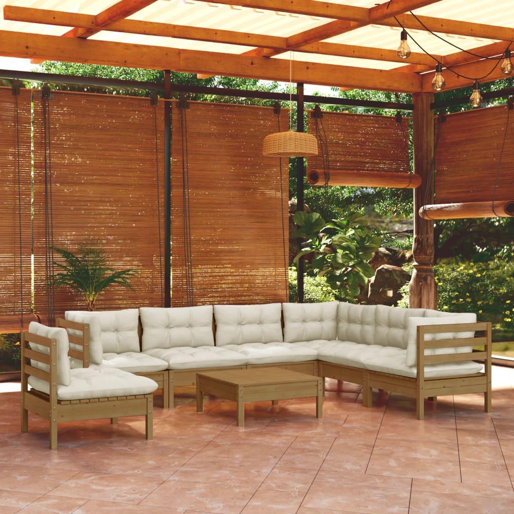 Salon de jardin 8 pcs avec coussins Marron miel Bois de pin