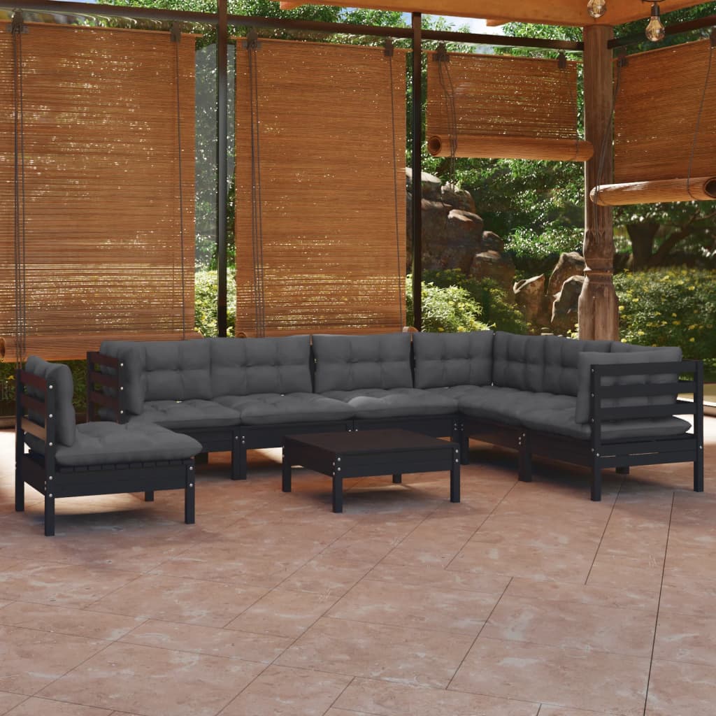 vidaXL Set mobilier grădină cu perne, 8 piese, negru, lemn masiv pin Grădină