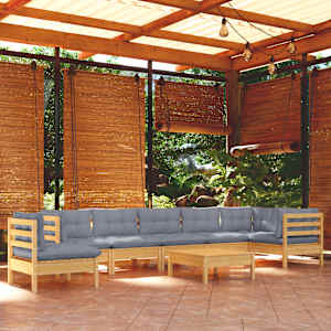 Vrtna sedežna garnitura 9-delna s sivimi blazinami borovina