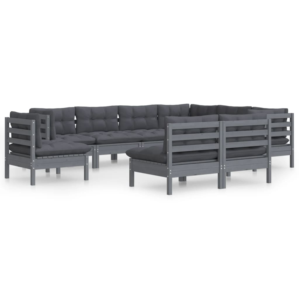 Set mobilier de grădină cu perne, 9 piese, gri, lemn masiv pin