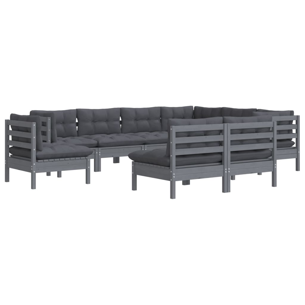 Set mobilier de grădină cu perne, 9 piese, gri, lemn masiv pin