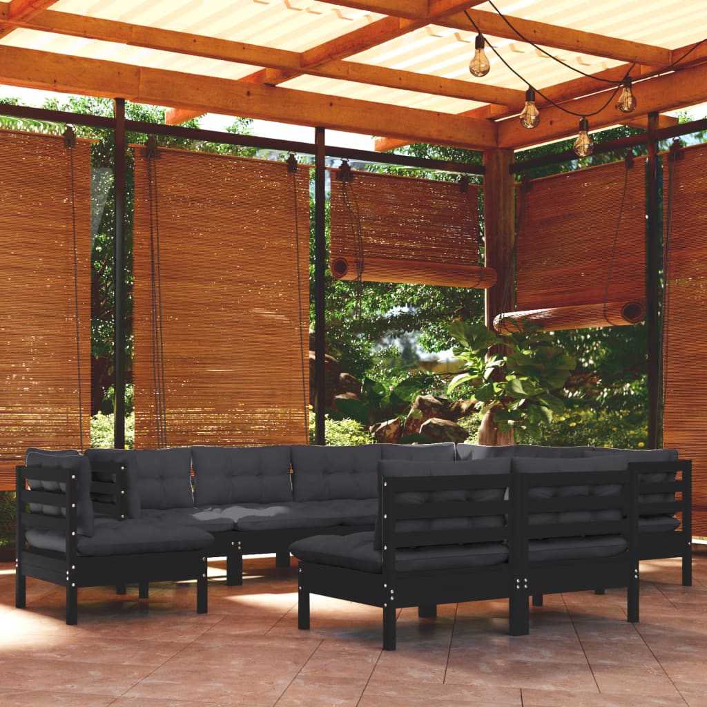 9-tlg. Garten-Lounge-Set mit Kissen Schwarz Massivholz Kiefer