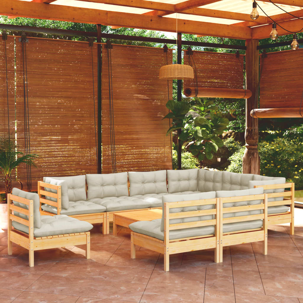 vidaXL 10-tlg. Garten-Lounge-Set mit Creme Kissen Massivholz Kiefer